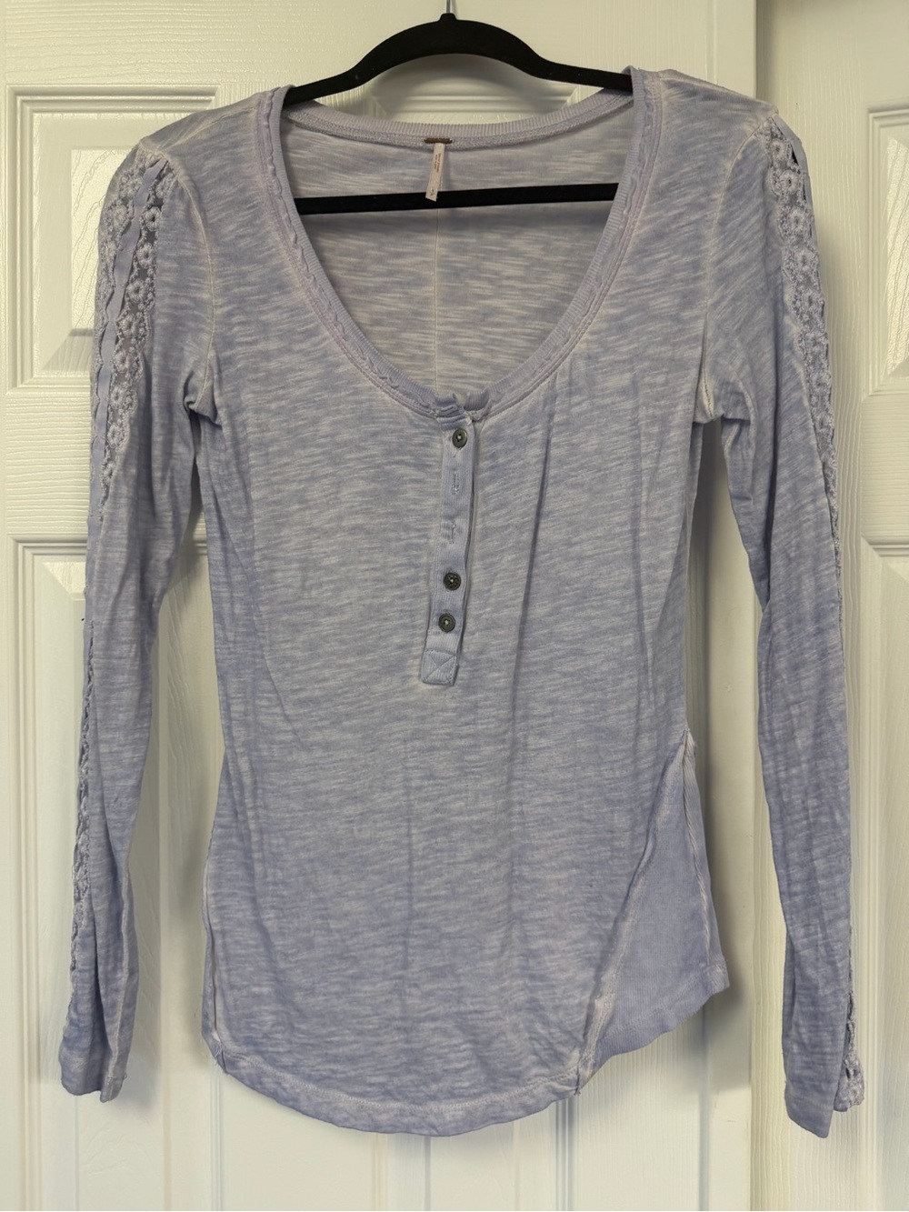 Free People Pale Lavender Lace-Trim Henley Long Sleeve Top